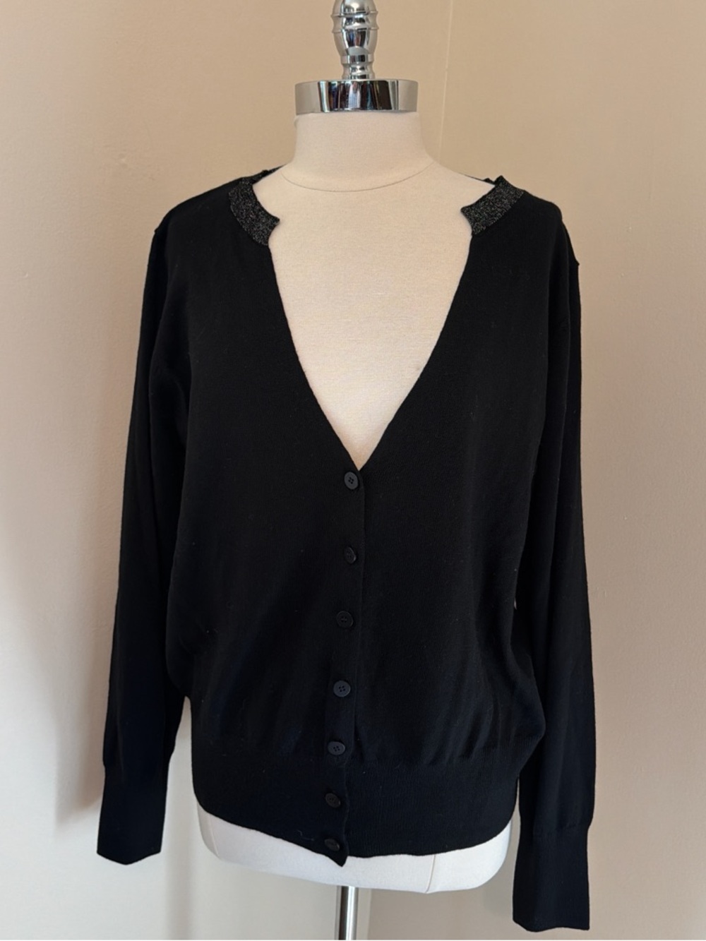 Universal Standard V Neck Merino Cardigan Black w/ Silver Size S 14-16